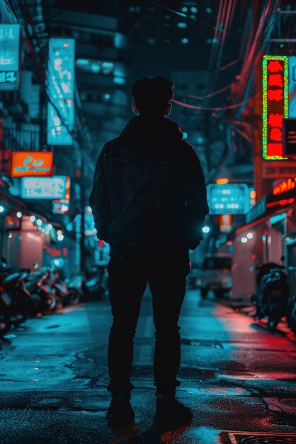 Una figura sombría está sola en un callejón débilmente iluminado proyectando largas sombras en la oscuridad