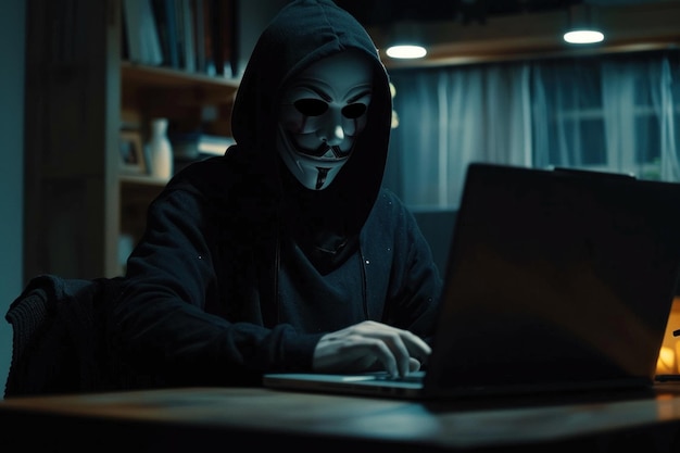 Foto una figura sombría con una máscara se hackea furtivamente en una computadora portátil en una habitación con poca luz, simbolizando las amenazas a la ciberseguridad y el lado oscuro del anonimato en internet.