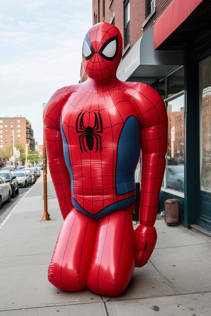 Foto una figura de spiderman se encuentra en la acera frente a una tienda.