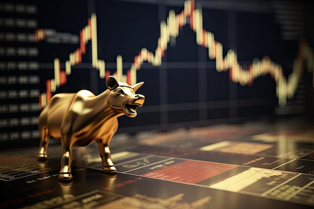 Figura de toro dorado contra gráficos de mercado financiero Concepto de mercado toro