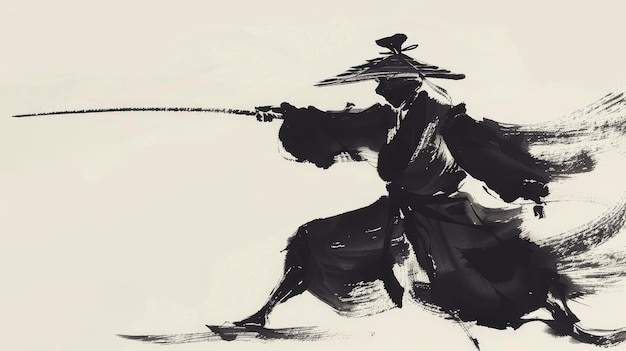 Figura tradicional china Un personaje de artes antiguas adornado con un sombrero de bambú y una máscara agarrando un palo largo capturado en pintura de tinta con estilo minimalista