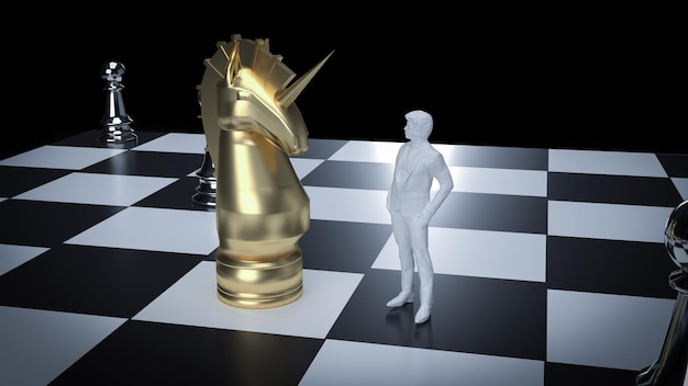 La figura del unicornio y el hombre en el tablero de ajedrez para la representación 3d del concepto de negocio