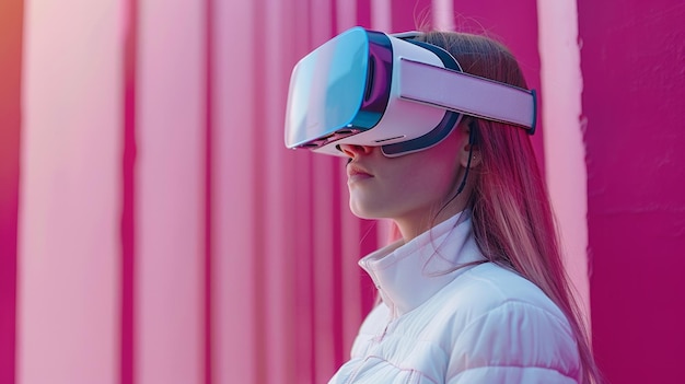 Foto figura usando fone de ouvido vr avançado entrando em um mundo virtual vibrante o epítome da tecnologia moderna ai generative