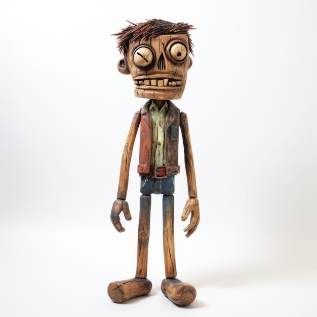 Figura de zombi de madera hecha a mano con colores terrenales y estilo de dibujos animados