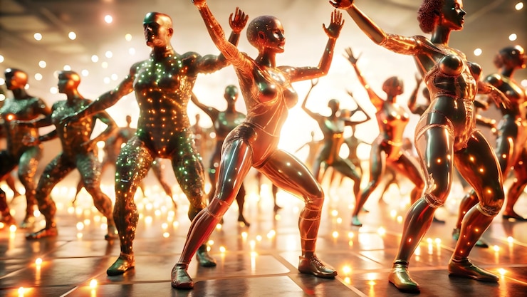 Foto figuras abstractas brillantes en 3d bailando en un festival digital con luces brillantes vibrantes concepto como a l