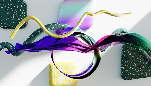 Figuras abstractas voladoras Ondas de degradado de tela Fondo abstracto Superficie ondulada de vidrio iridiscente Superficie líquida ondulaciones reflexiones 3d render ilustración
