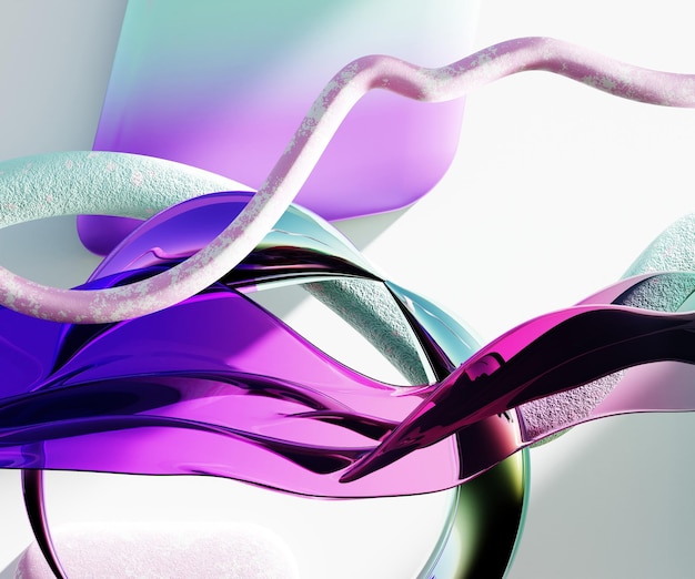 Figuras abstratas voadoras Tecido de pano gradiente ondas fundo abstrato Superfície ondulada de vidro iridescente Superfície líquida ondulações reflexões ilustração de renderização 3d