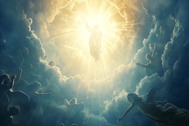 Foto figuras angélicas y cielo abierto en el fondo de la resurrección de cristo