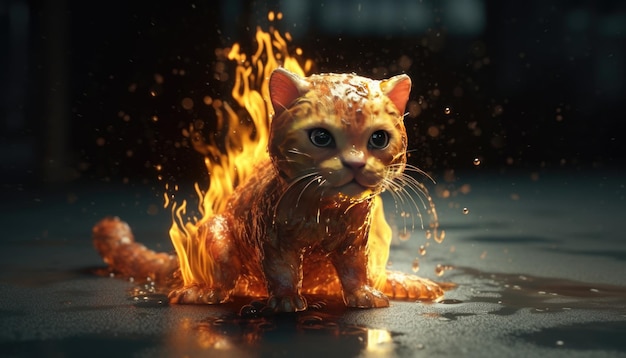 Figuras de animales en agua con efecto fuego o agua figura de gato figura de león Gatito y bebé león Generativo Ai