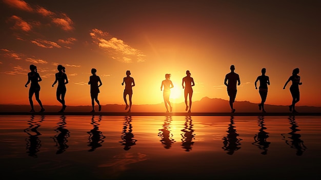Foto figuras atléticas contra o conceito de silhueta do pôr do sol