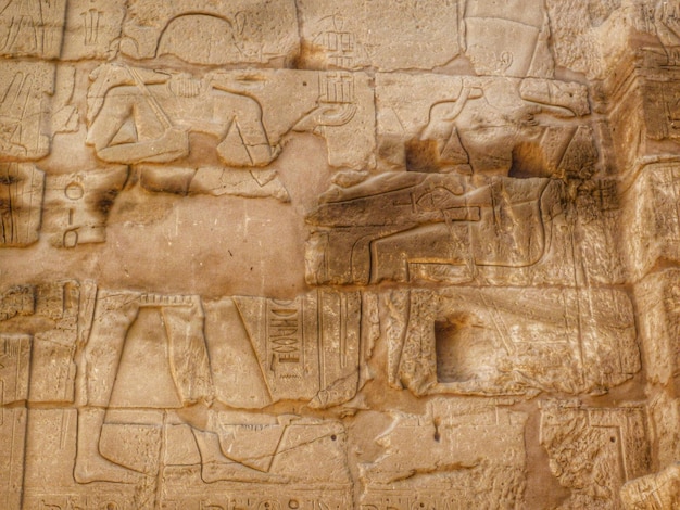 Figuras en bajorrelieve y jeroglíficos en la pared de un templo