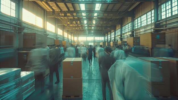 Figuras borrosas de trabajadores ocupados y cajas en un almacén industrial