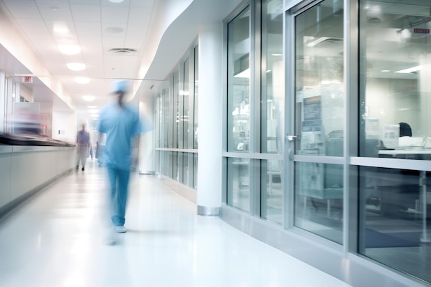 Figuras borrosas de trabajadores de la salud en movimiento por el pasillo de una clínica moderna, un testimonio del trabajo en equipo cohesivo y la IA en la atención médica. IA generativa