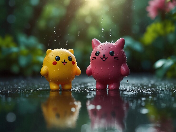 figuras con cabeza de emoji tomándose de la mano y de pie en una superficie húmeda