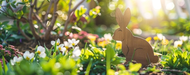 Figuras caprichosas de coelhos de madeira escondidas entre flores de primavera em um jardim vibrante