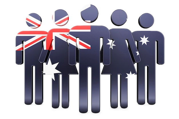 Figuras da vara com comunidade social da bandeira australiana e cidadãos da Austrália renderização 3D