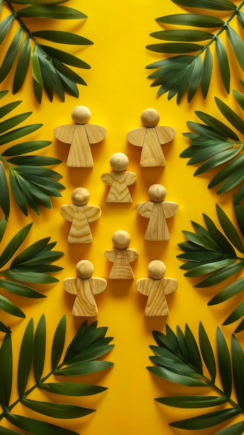 Foto figuras de boneca de madeira cercadas por folhas de palmeira tropical em fundo amarelo