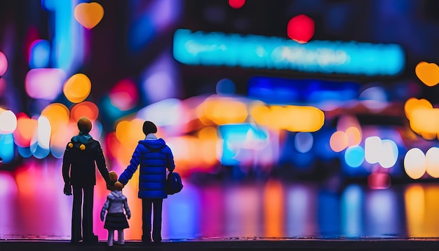 Figuras de brinquedo de mãos dadas andando na calçada em uma cidade movimentada com luz neon