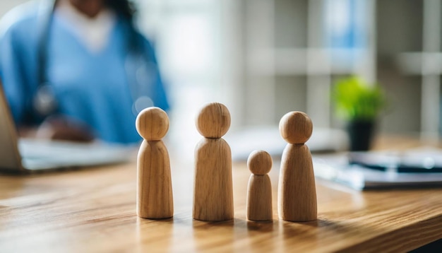 figuras de família de madeira em miniatura em uma mesa de médicos simbolizando a unidade e o apoio à saúde em um c