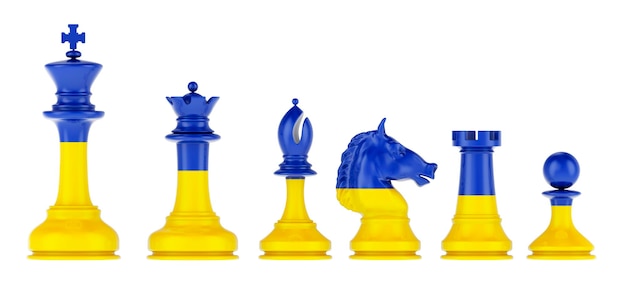 Figuras de xadrez com a bandeira ucraniana em 3D isoladas em fundo branco