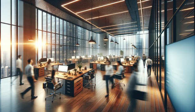Figuras desfocadas de movimentos de profissionais movimentando-se em um espaço de escritório contemporâneo com vistas do horizonte da cidade