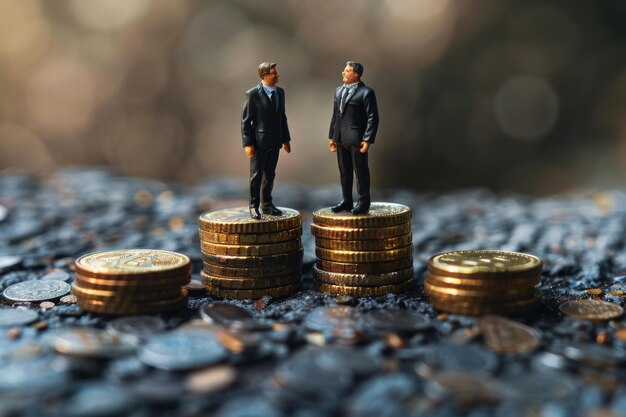 Foto figuras em miniatura de empresários em pé sobre uma pilha de moedas dinheiro conceito de crescimento de negócios de finanças