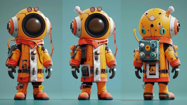 Foto figuras estilizadas de astronautas com trajes coloridos e capacetes de grandes dimensões