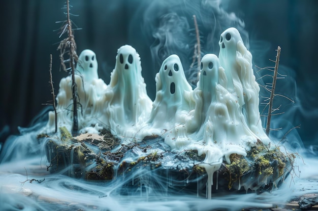 Foto figuras fantasmagóricas assustadoras emergindo da floresta nebulosa tema de halloween com aparições assustadoras e assustadoras