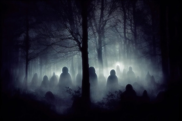Figuras fantasmales espeluznantes en un bosque de niebla oscuro perseguido por espíritus malignos ilustración digital 3d de la noche de halloween