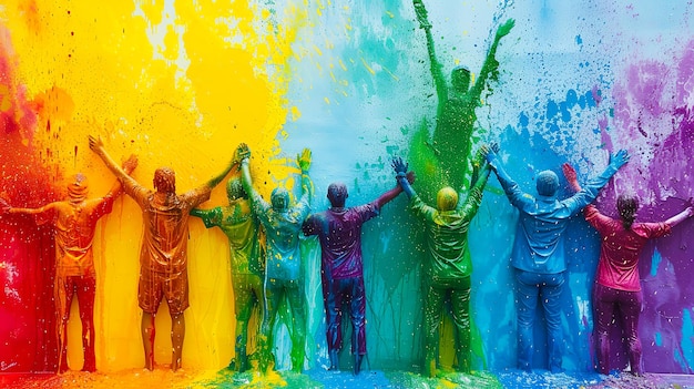 figuras formando um arco-íris humano com cada pessoa encharcada em diferentes cores de Holi