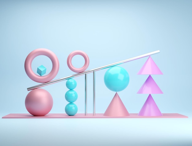 Foto con figuras geométricas de colores violeta y rosa sobre fondo azul