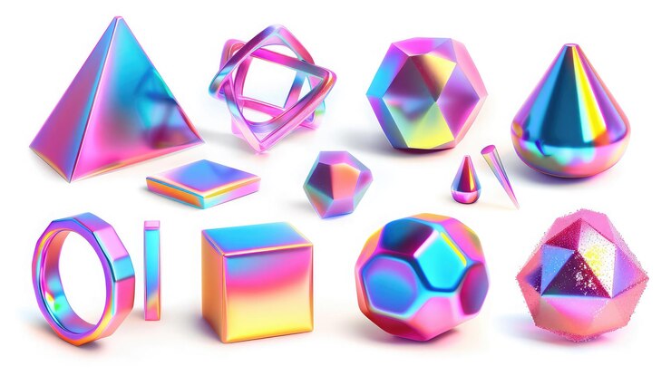 Foto figuras geométricas holográficas coloridas com um efeito de brilho de néon contra um fundo escuro