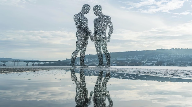 Las figuras del hombre molécula convergen sobre el agua un momento congelado en el metal que refleja la unidad y la división