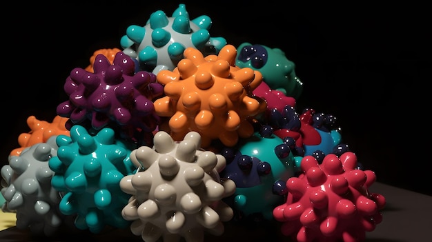 Figuras humanas abstratas em uma pilha em fundo de renderização topológica com brinquedo de pelúcia de coronavírus