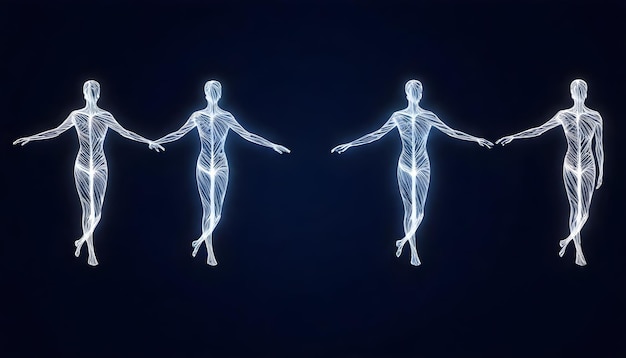 figuras humanas azules brillantes con musculatura visible en un fondo oscuro
