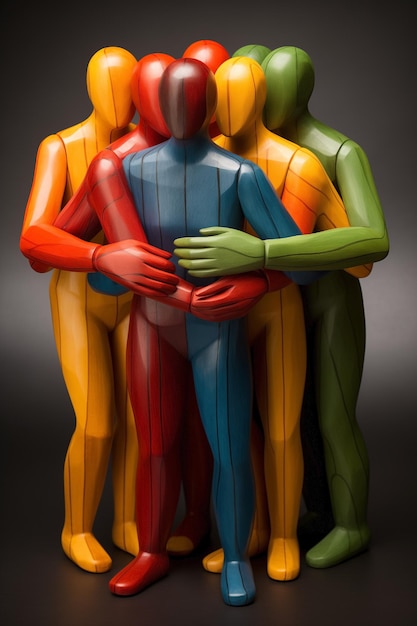 Figuras humanas coloridas que abrazan la diversidad unidas en igualdad Concepto de personas abrazadas.