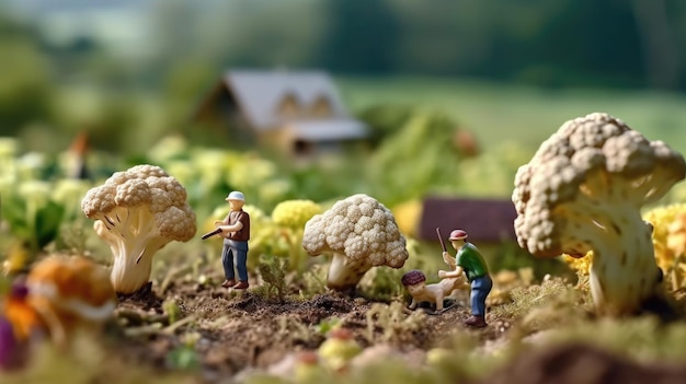 Figuras en un jardín con una casa al fondo