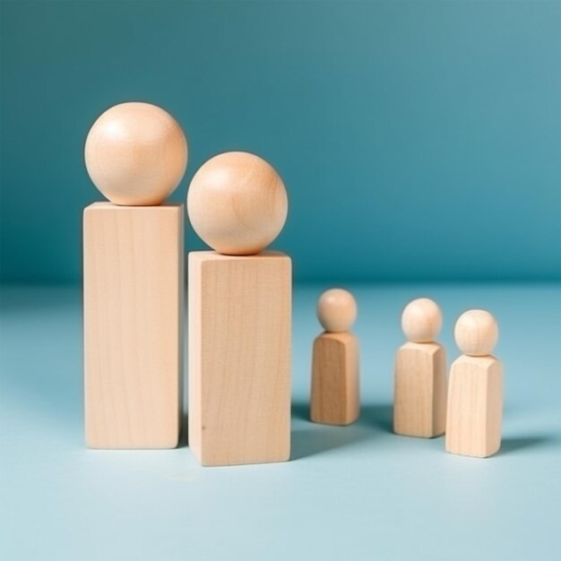 Figuras de madera con un cubo sobre un fondo azul