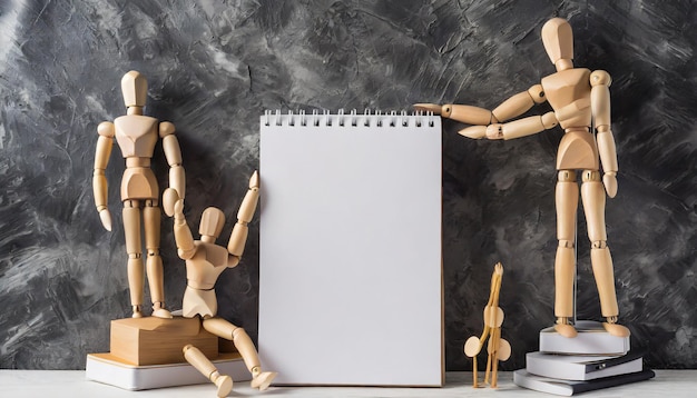 Foto figuras de maniquí de madera y papel de cuaderno en blanco plantilla de maqueta abstracta