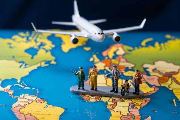 Figuras en miniatura que representan viajeros masculinos y femeninos se encuentran cerca de un mapa mundial y un avión.