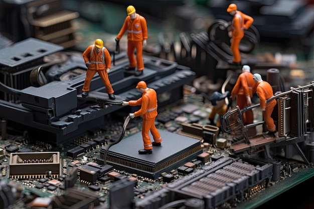 figuras en miniatura trabajando a través de una red informática