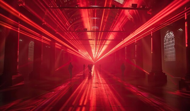 Figuras misteriosas num corredor industrial iluminado por laser vermelho