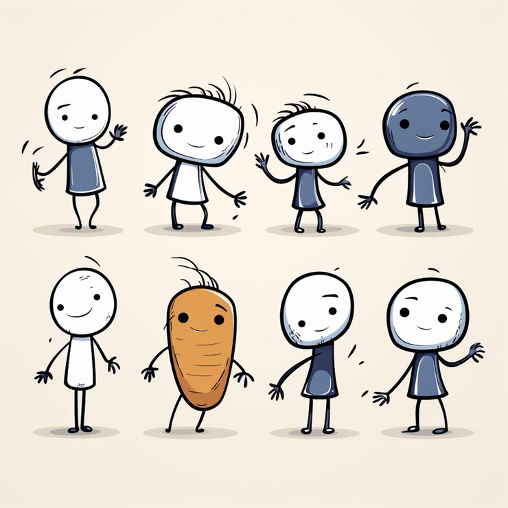 Foto figuras de palo de dibujos animados de un hombre y una zanahoria con diferentes expresiones generativas ai