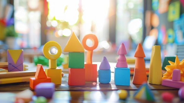 Figuras de plastilina brillantes en el escritorio del aula niños aprendiendo geometría manos en la diversión