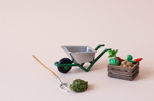 Figuras realistas de ferramentas de fazenda ou jardim com caixa de legumes