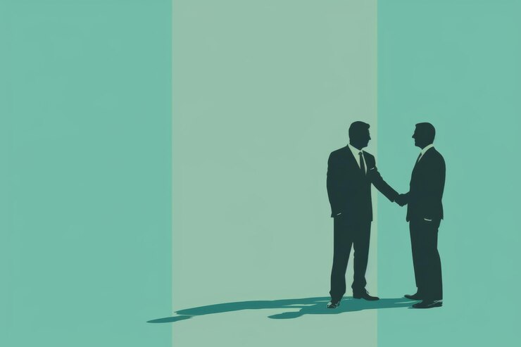 Figuras en silueta de dos hombres de negocios estrechando la mano contra un fondo azul claro que representa un acuerdo profesional