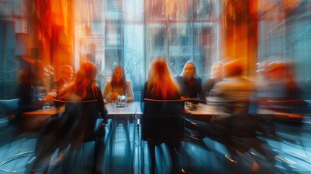 Figuras suavemente desfocadas em torno de uma mesa de sala de reuniões AI Generative