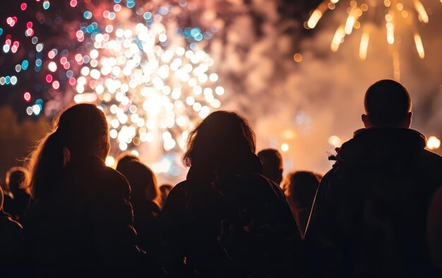 Figuren in Silhouetten beobachten Feuerwerk