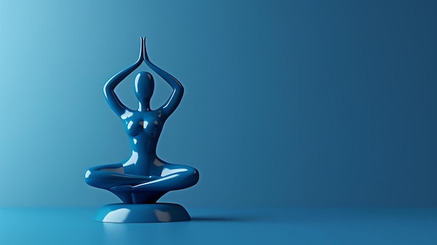 Foto figurina azul de una mujer en una postura de yoga la figurina está sentada en una plataforma redonda el fondo es azul