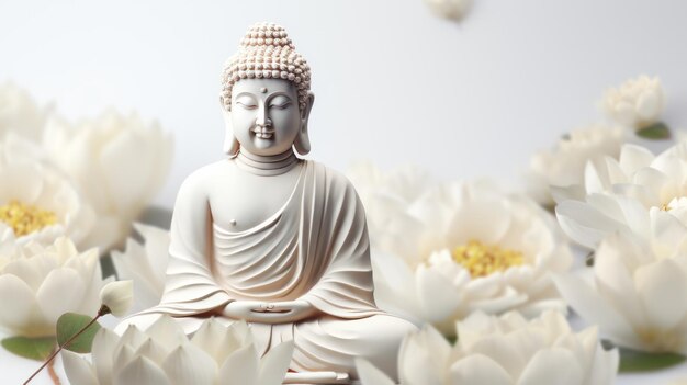 Foto figurina de buda entre flores de lótus brancas em estilo 3d gerada por ia gerada por ai